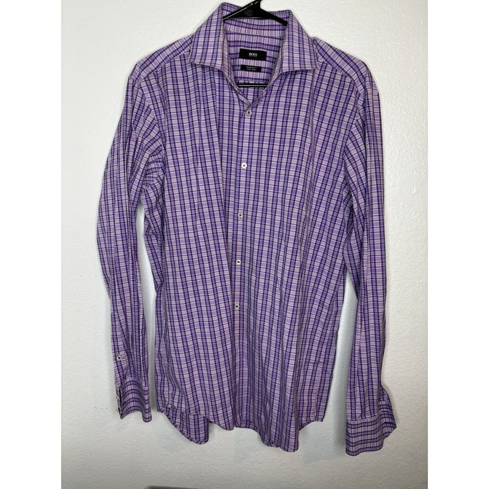 Boss Hugo Boss Man’s Sharp Fit Purple Plaid Print Long Sleeve Shirt SZ.16  41
